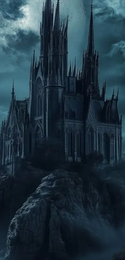 Gothic castle surrounded by mist and dark skies.