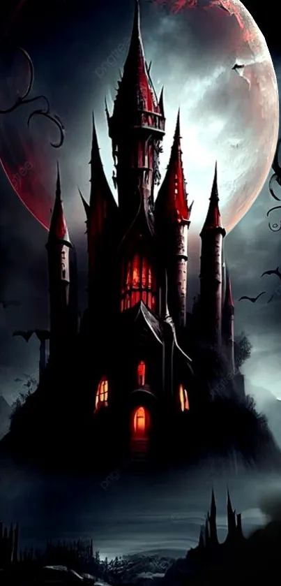 Gothic castle against a red moon background wallpaper.