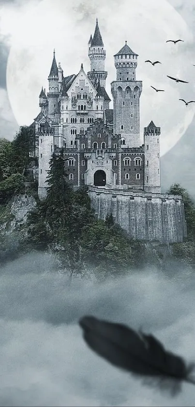 Gothic castle surrounded by clouds under a full moon.