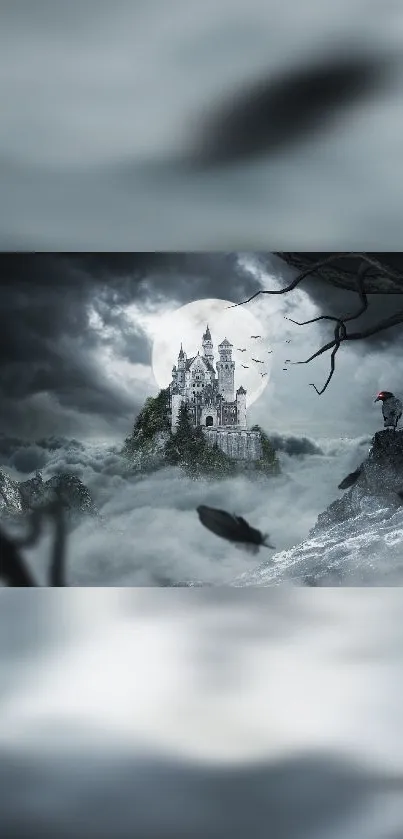 Gothic castle under a full moon with ravens and fog in a mystical, eerie scene.