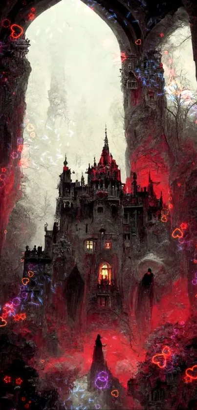 Gothic castle glowing red in night scene, dramatic and mysterious.