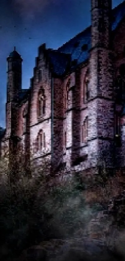 Gothic castle with dark sky at night.