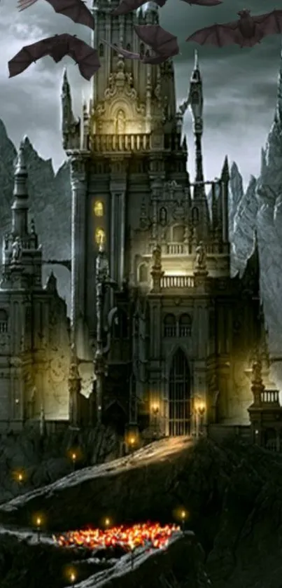 Gothic castle with bats flying at night.