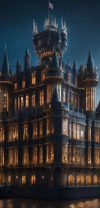Illuminated majestic castle in twilight.