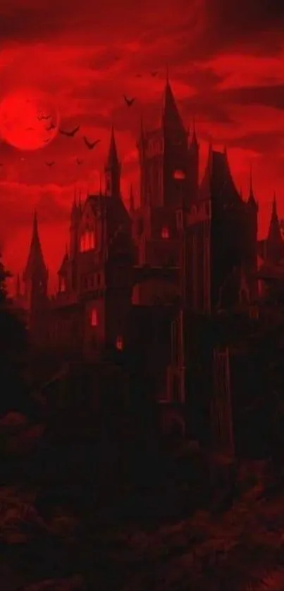 Gothic castle with a red moon backdrop.