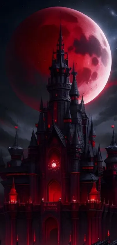 Gothic castle under a blood red moon at night.
