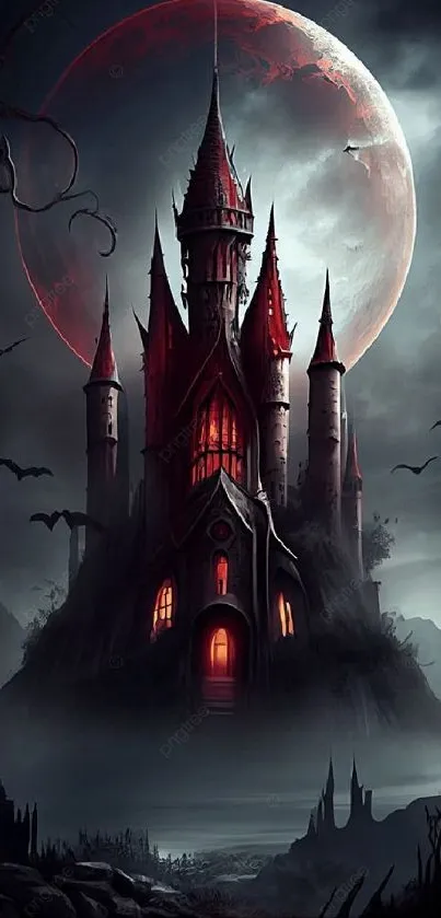 Gothic castle with red moon and bats in dark, misty landscape.