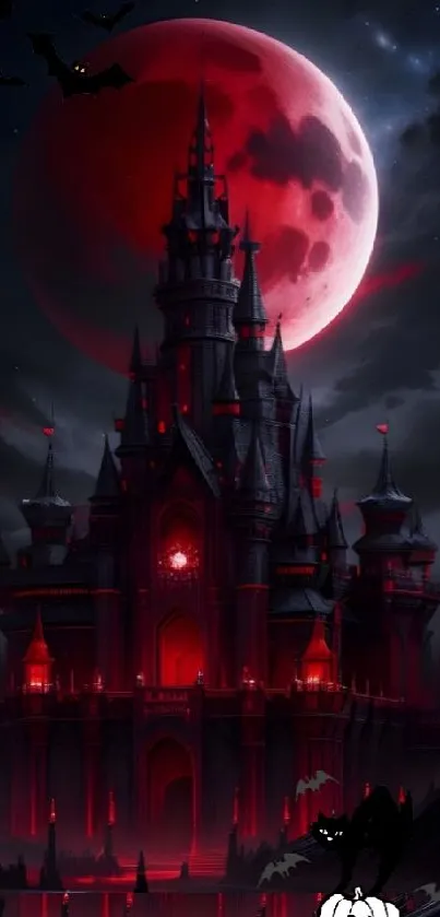 Gothic castle with blood moon backdrop and dark sky atmosphere.