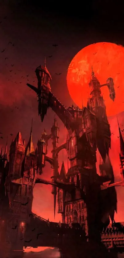 Gothic castle silhouetted against a red moon.