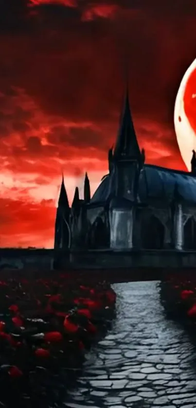 Gothic castle beneath a blood-red moon, with ominous sky and stone path.