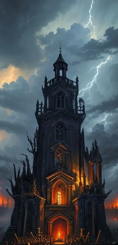 Gothic castle under dark stormy skies with lightning and glowing sunset.