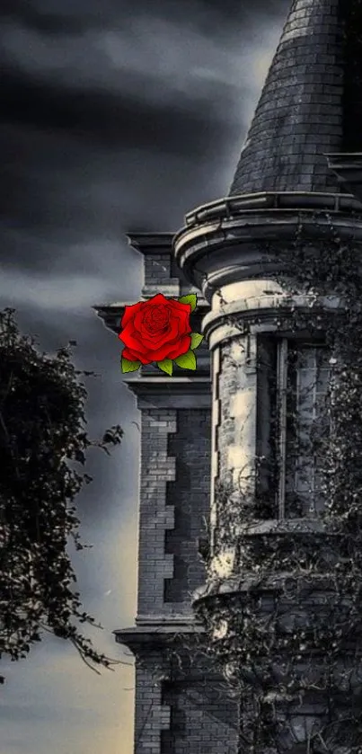 Gothic castle with a red rose and dramatic gray sky.