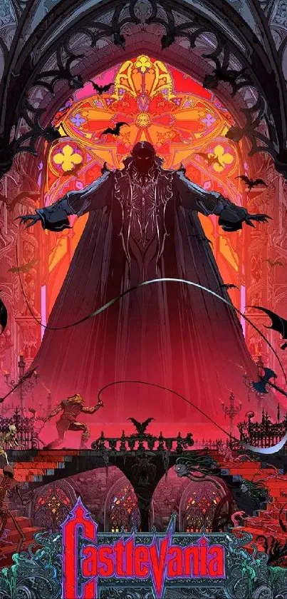 Intricate gothic Castlevania wallpaper with dark red hues and vampire elements.