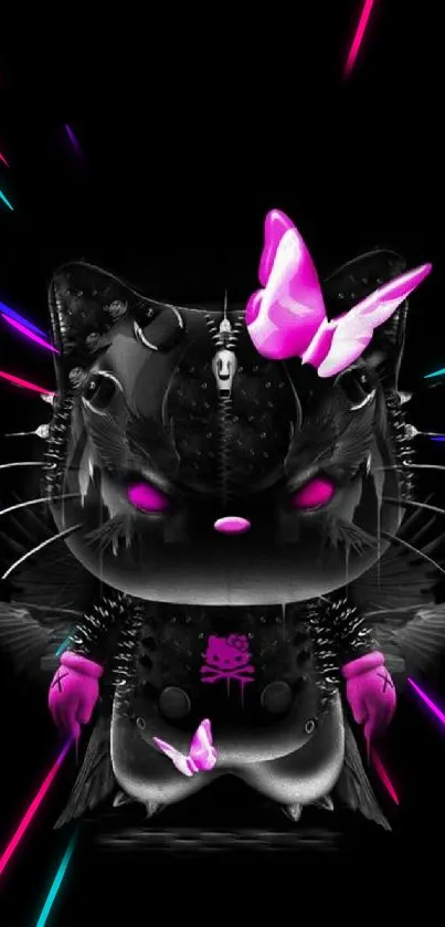 Gothic black cat with neon pink butterflies and spikes on a dark background.