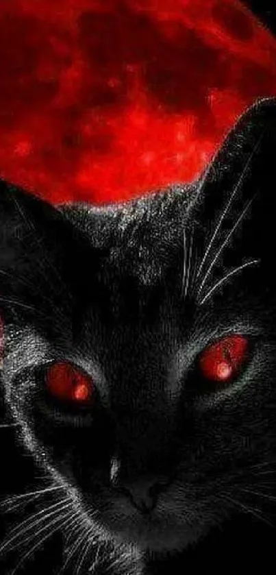 Gothic cat with glowing red eyes and a red moon in the background.