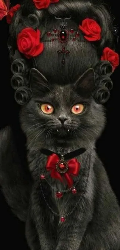 Gothic black cat with red roses and jewelry on black background.