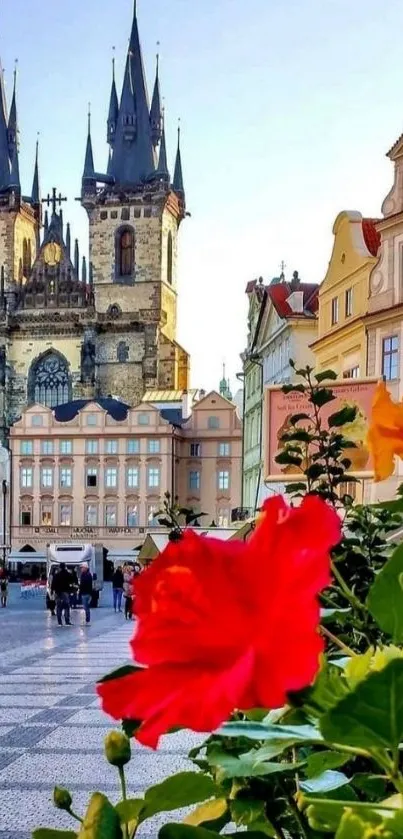 Gothic cathedral with vibrant flowers in foreground, set in an old European cityscape.