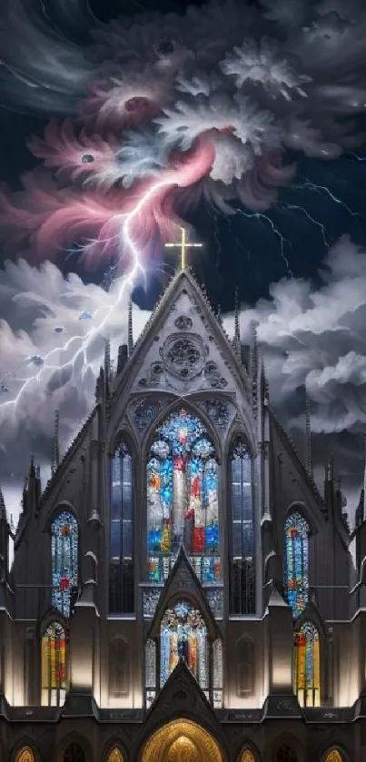 Gothic cathedral under stormy clouds with lightning and stained glass windows.