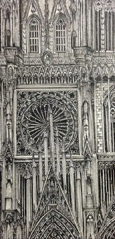 Gothic cathedral architecture with intricate details in black and white.