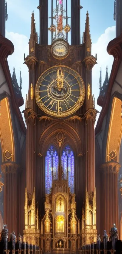 Gothic cathedral with grand clock and golden hues in stunning wallpaper.