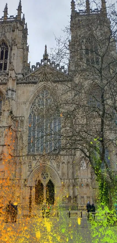 Gothic cathedral with vibrant artistic color splash.