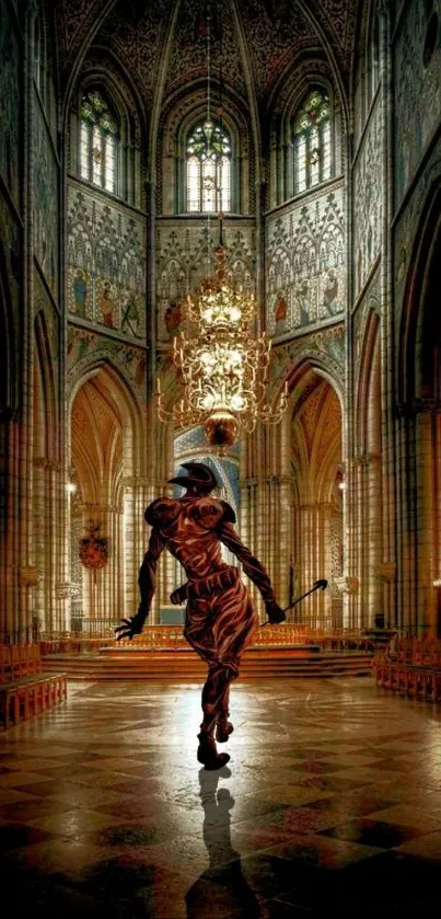 Gothic cathedral interior with a central sculpture, rich in ornate details.