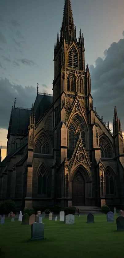 Gothic cathedral under dramatic dusk sky.