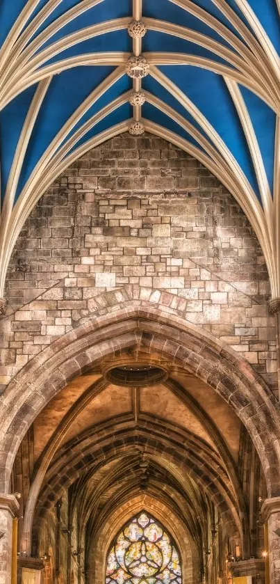 Gothic cathedral ceiling with intricate arches and stained glass.