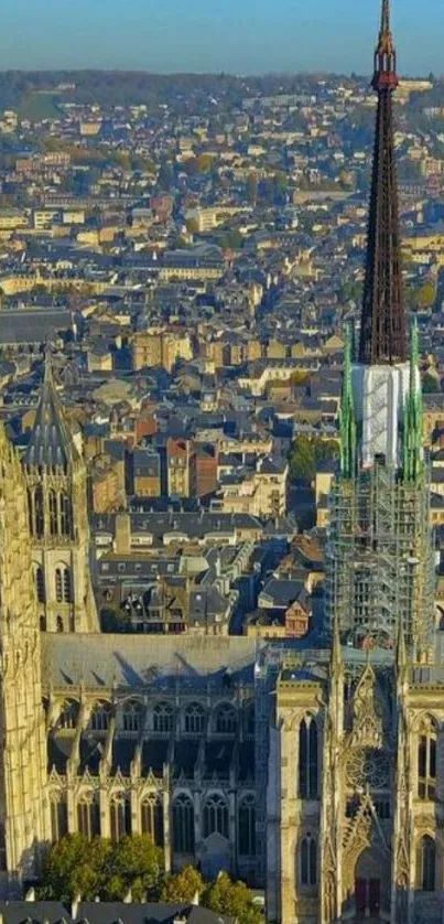 Aerial cityscape with Gothic cathedral and vibrant skyline.