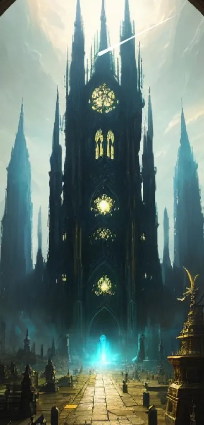 Gothic cathedral with imposing spires in a fantasy setting.