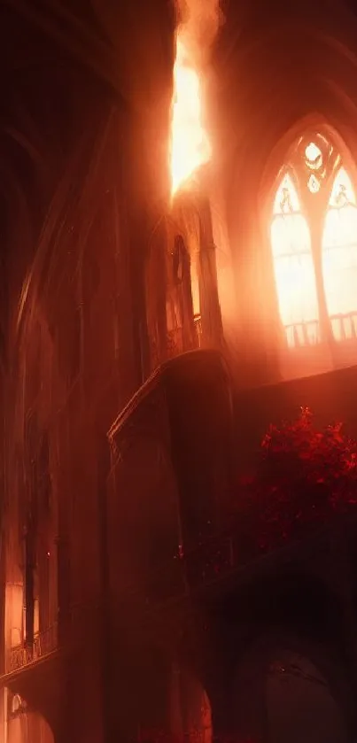 Gothic cathedral interior glowing with warm ethereal lighting and red hues.