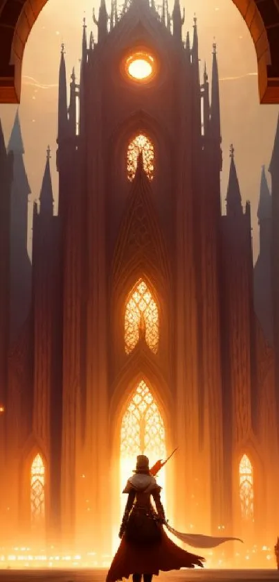 A lone figure approaches a glowing gothic cathedral at sunset.