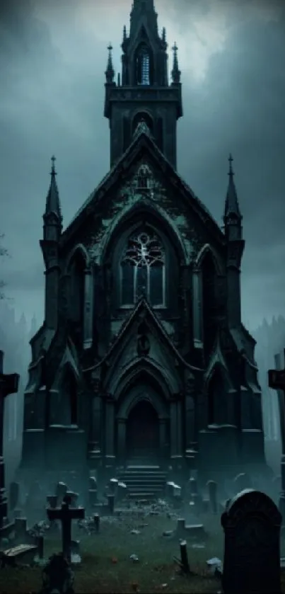 Gothic cathedral wallpaper with graveyard under moonlight.