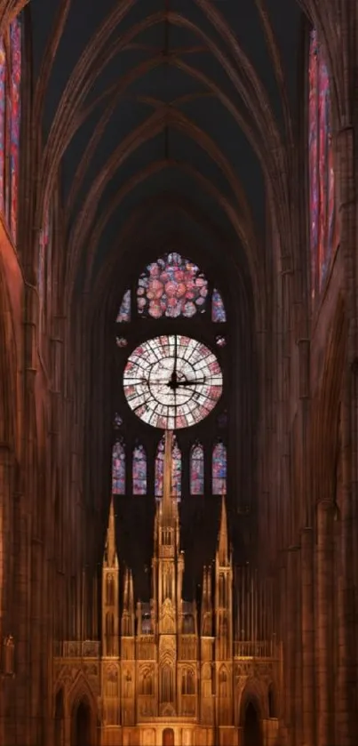 Gothic cathedral interior with stained glass windows and intricate architecture.