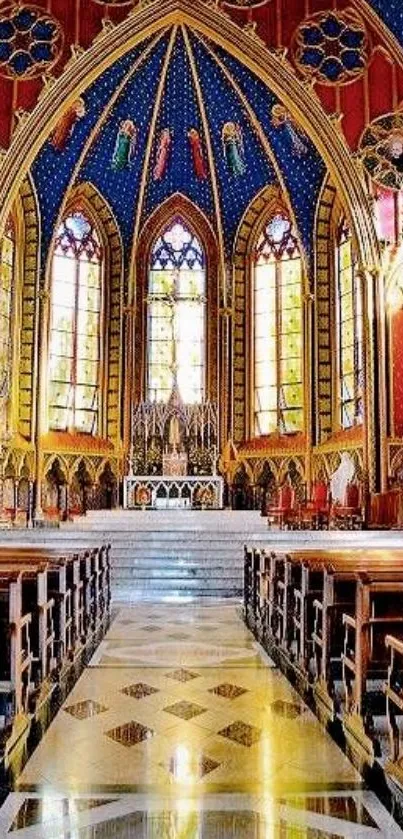 Gothic cathedral interior with stained glass and ornate details.