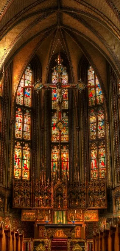 Gothic cathedral interior with stained glass windows and vaulted arches.