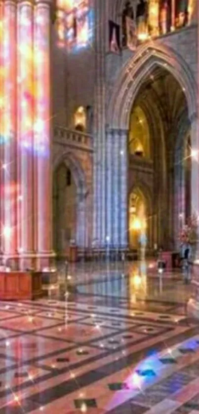 Gothic cathedral interior with colorful stained glass reflections.