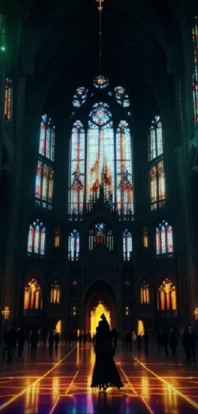 Gothic cathedral interior with stained glass windows and warm lighting.