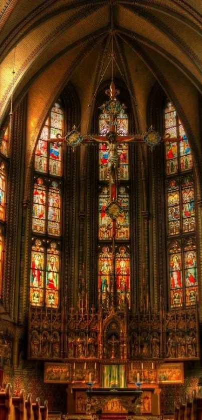 Gothic cathedral interior with stained glass windows.