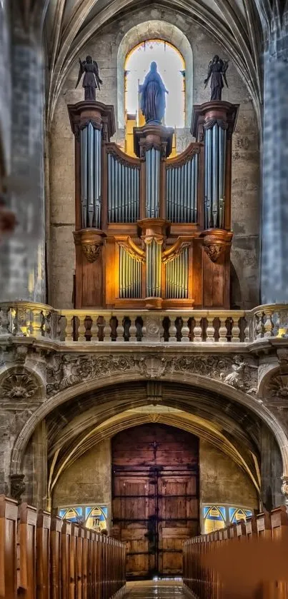 Gothic cathedral interior with grand organ and stone arches.