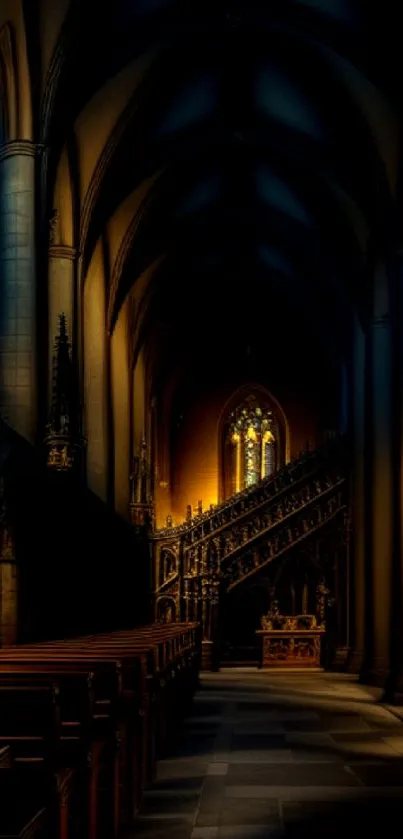 Dimly lit Gothic cathedral interior with intricate arches.