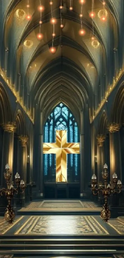 Gothic cathedral wallpaper with golden cross and ornate arches.