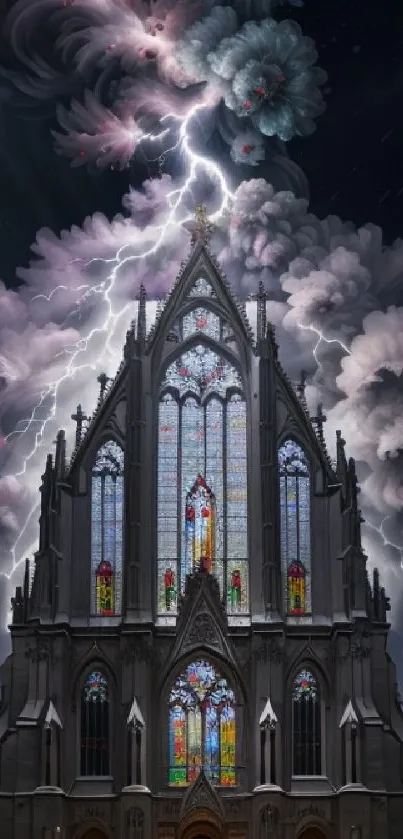 Gothic cathedral with lightning and swirling clouds at night.