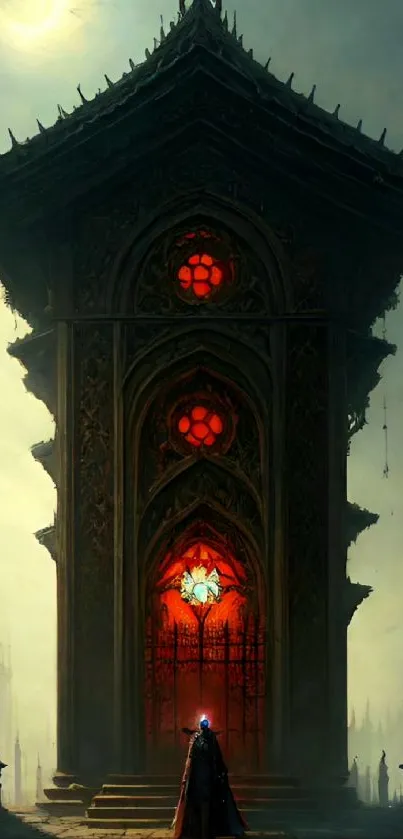 Gothic cathedral with glowing red windows under a mystical night sky.