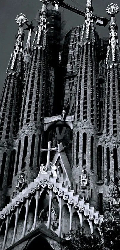 Gothic cathedral in grayscale with intricate architectural details.