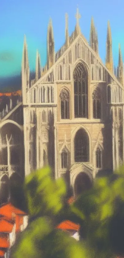 Gothic cathedral with spires against a vibrant sky in mobile wallpaper.