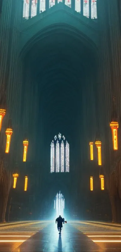 Silhouette in illuminated Gothic cathedral interior.