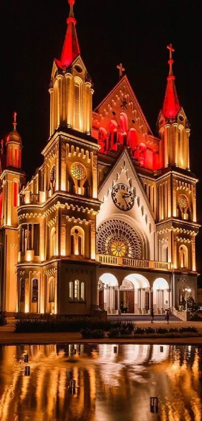 Gothic cathedral illuminated at night with reflections in the foreground.