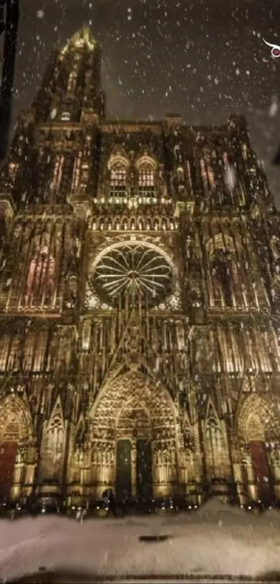 Illuminated Gothic cathedral with falling snow at night.