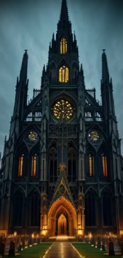 Majestic Gothic cathedral under a dramatic sky at night.